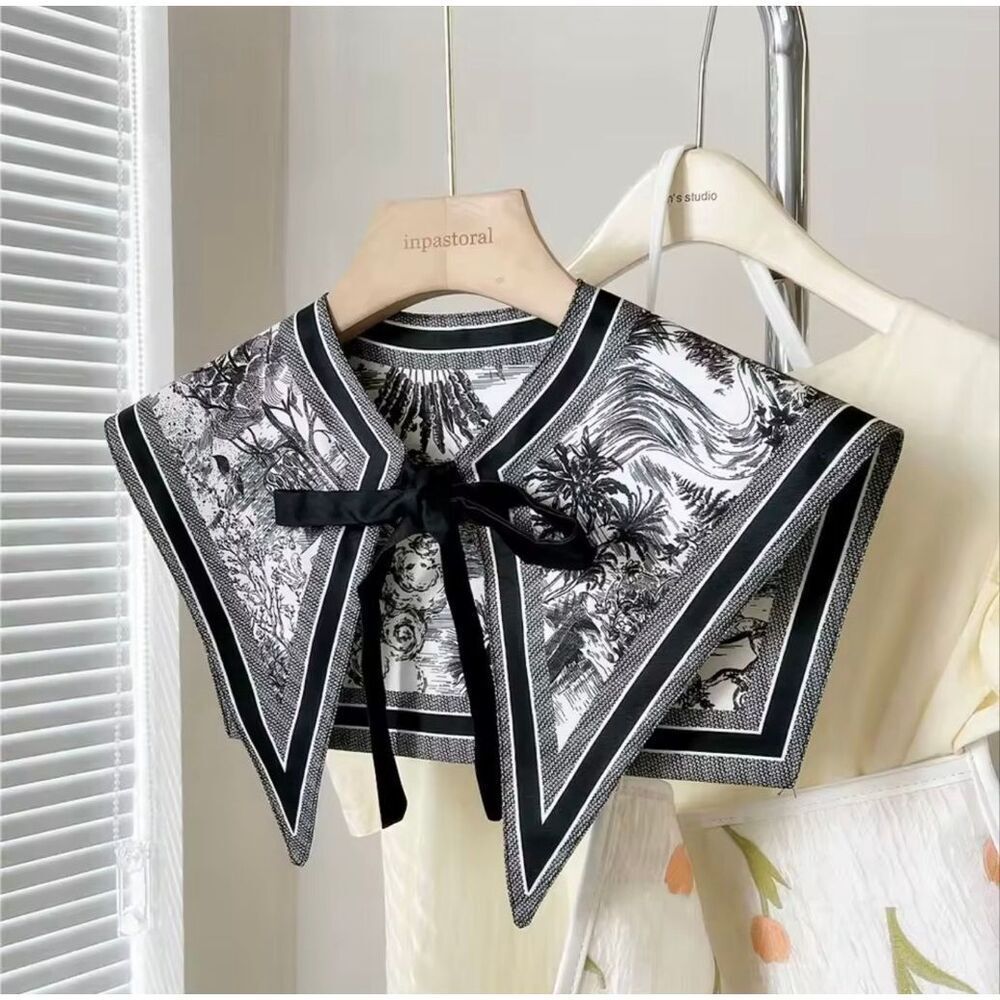 Luxury Black White Detachable Collar Toile Print Statement Tie Front Chic Style